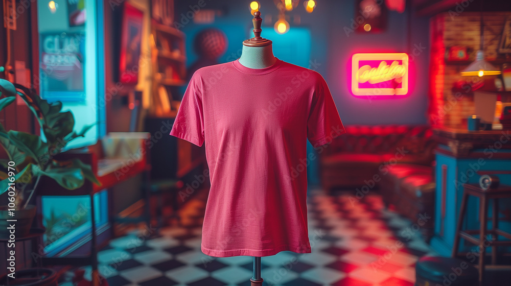 Obraz premium Plain Red T-Shirt on Vintage Mannequin in Retro Studio with Neon Signs