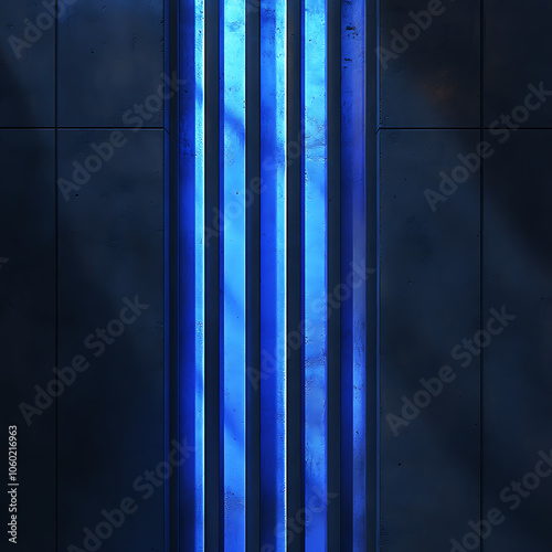 Vibrant blue light beams create striking visual against dark background, enhancing modern aesthetic of space. interplay of light and shadow adds depth and intrigue photo