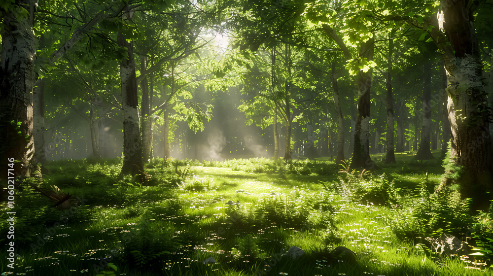 Fototapeta premium A serene forest glade with sunlight filtering through the trees, casting dappled shadows on the forest floor.