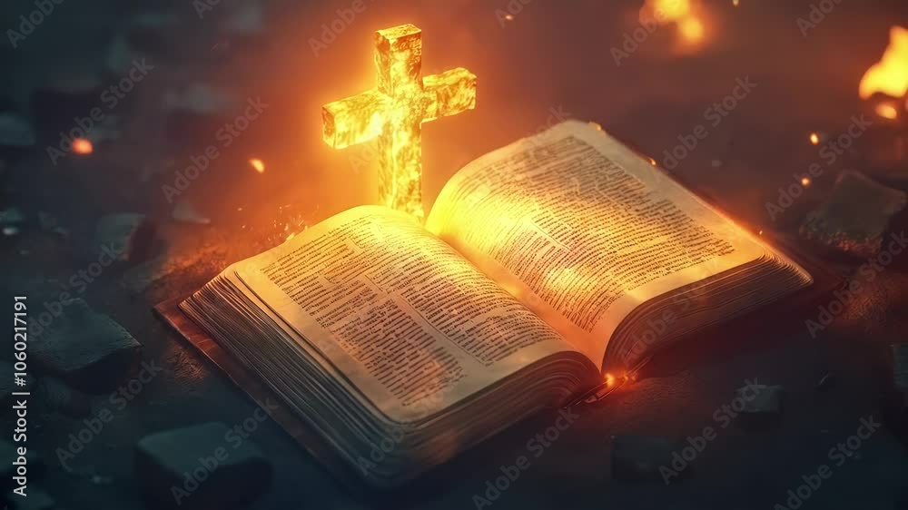 Golden cross shines brightly over an open bible resting on a wooden surface. The light illuminates the pages, creating a serene and spiritual atmosphere. The concept of religion, church and Easter.