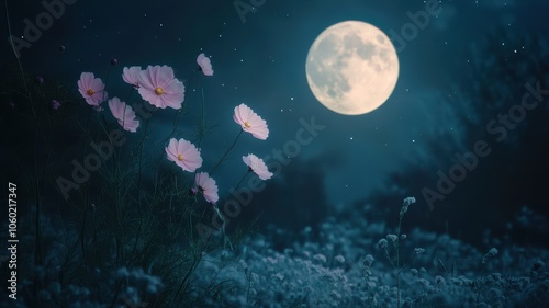 Full moon and Pink Cosmos flower blooming in midnight,The harvest Miscanthus sinensis and full moon,beautiful night sky in the countryside with the perfect moon exudes beauty in the dark.