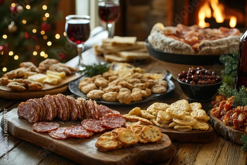 holiday appetizer display, variety of holiday hors doeuvres displayed on a wooden table in a cozy cottage, ideal for festive get-togethers photo