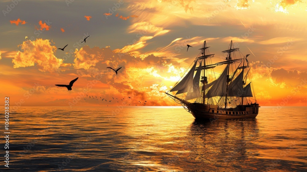 Fototapeta premium Maritime Voyage: A Sea-Bound Ship Vector Wallpaper