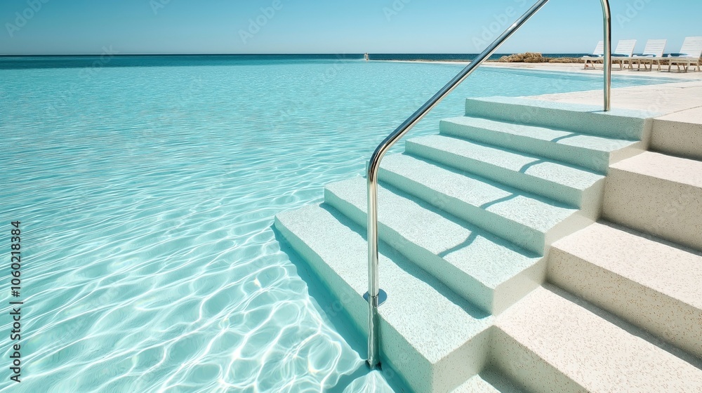Fototapeta premium Luxurious infinity pool with clear water and modern stair railing, overlooking the ocean. Lounge chairs are visible in the background under a clear blue sky.