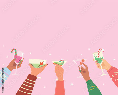 Happy Hand holding cocktail party drink. Banner happy people celebrating christmas party, People Toasting With Wine Or Champagne.