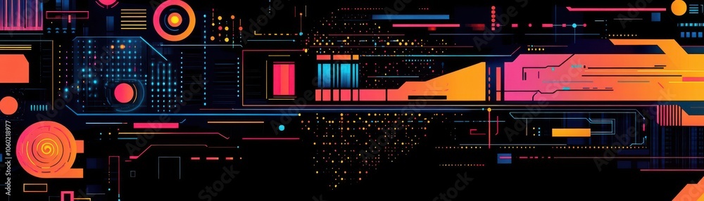 A vibrant digital design featuring abstract technology elements and colorful geometric shapes. A vibrant digital design featuring abstract technology elements and colorful geometric shapes.