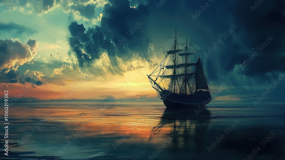 Fototapeta premium Maritime Voyage: A Sea-Bound Ship Vector Wallpaper