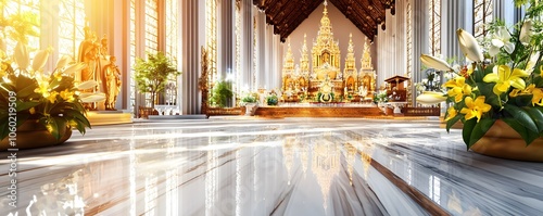 Sunlit Church Interior with Flowers and Golden Altar.