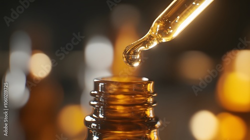 A dropper with amber liquid dripping down into an open bottle of oil, close-up shot