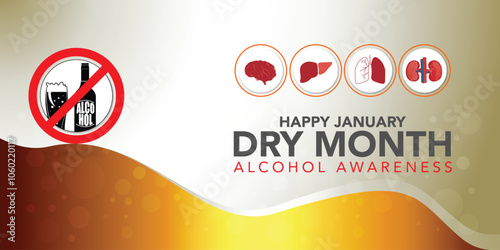 Dry January banner with overturned wine glasses border and text in frame. Alcohol free month challenge graphic concept. Vector illustration on red background.