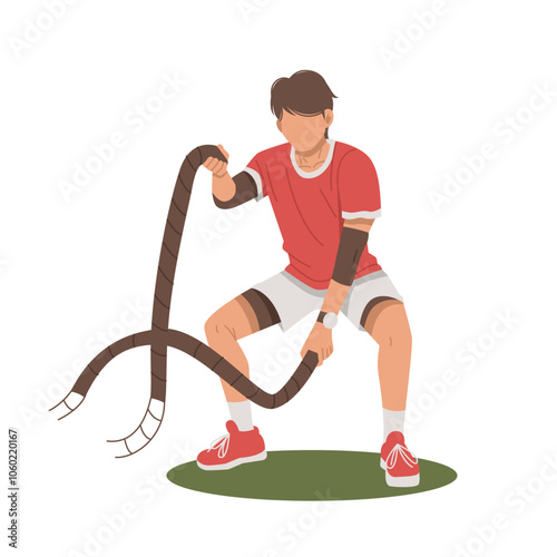portrait of fit man doing rope training flat design illustration
