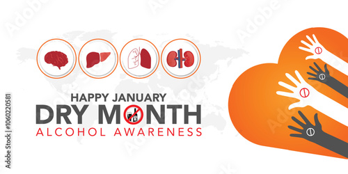 Dry January banner with overturned wine glasses border and text in frame. Alcohol free month challenge graphic concept. Vector illustration on red background.