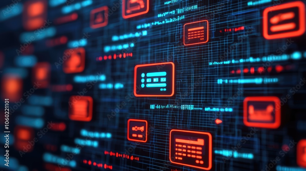 A vibrant digital interface displaying various data icons in red and blue against a black background, highlighting technology and information themes. A vibrant digital interface displaying various data icons in red and blue against a black background, highlighting technology and information themes.