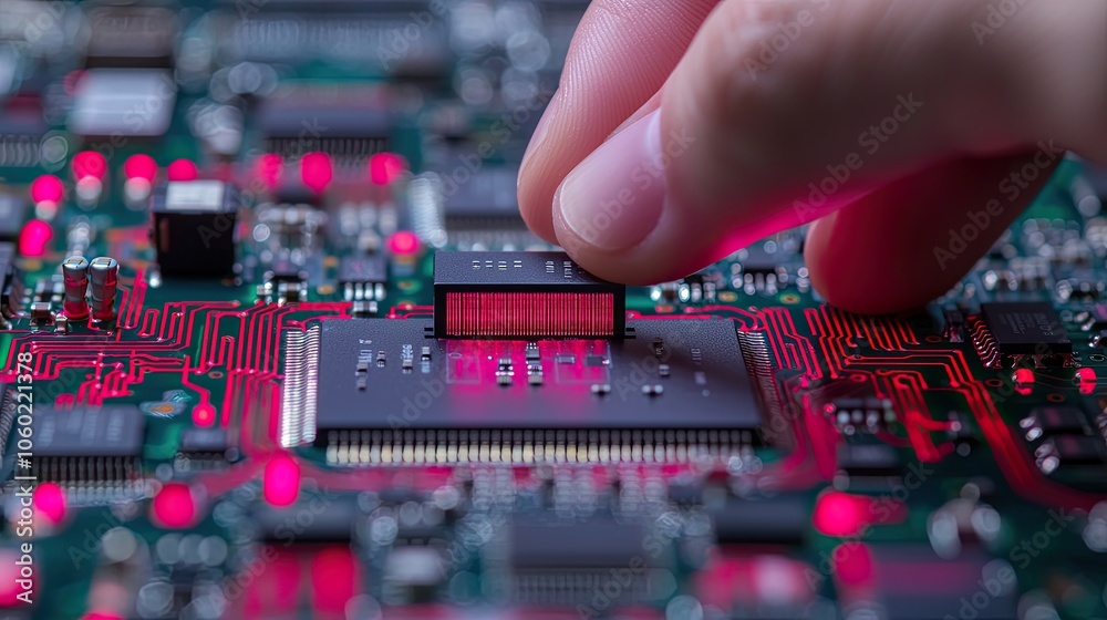 A close-up of a hand placing a microchip on a colorful circuit board filled with intricate electronic components.