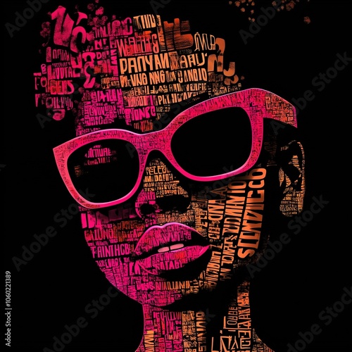 An abstract illustration of a woman in cool sunglasses, portrait made of red text on the dark black background. AI generated.