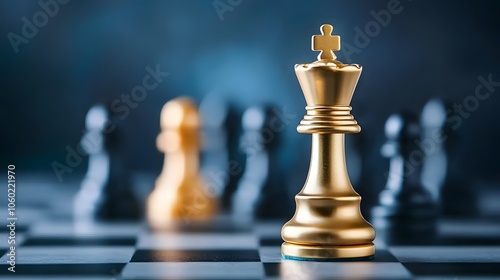 Chess king stands dominantly amidst rival pieces on the board symbolizing strategy and power