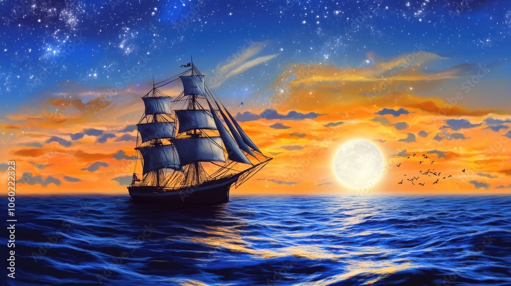 Obraz premium Maritime Voyage: A Sea-Bound Ship Vector Wallpaper