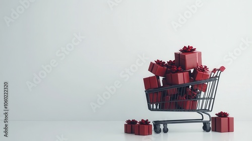 Red Paper boxes parcel in a trolley,concept shopping online,service home delivery,black friday,christmas holiday gift,Shopping cart supermarket with boxes,Sales of products,goods through onlinet. photo