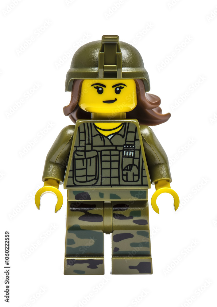 Obraz premium Lego figurine female soldier, military woman, isolated background. PNG file
