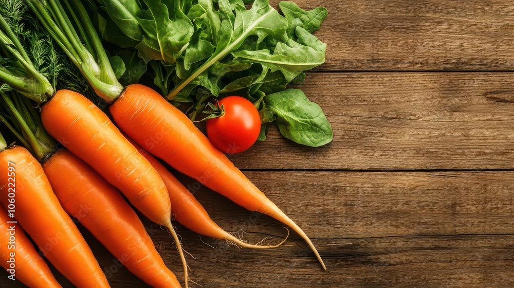 Fresh carrots and a tomato on a rustic wooden surface, showcasing vibrant colors and a healthy, farm-to-table aesthetic. Fresh carrots and a tomato on a rustic wooden surface, showcasing vibrant colors and a healthy, farm-to-table aesthetic.