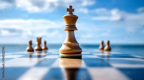 Chess piece stands dominantly over the board as others await their fate in a strategic battle