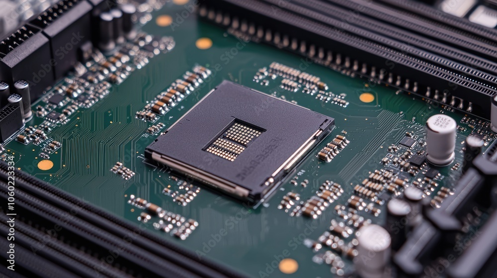 A close-up view of a computer motherboard with a large chip and various electronic components on a green circuit board. A close-up view of a computer motherboard with a large chip and various electronic components on a green circuit board.