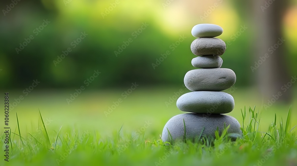Obraz premium Balancing stones create a serene focus point in nature's embrace on a tranquil day