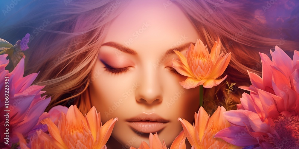 Woman face and flower concept poster. Beautiful girl face creative abstract banner. Graphic design photorealistic style. Style of realistic glamour fashion photography. AI artwork. Woman face and flower concept poster. Beautiful girl face creative abstract banner. Graphic design photorealistic style. Style of realistic glamour fashion photography. AI artwork.