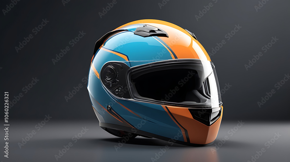 Fototapeta premium A sturdy motorcycle helmet with a glossy finish and a clear, full-face visor. The helmet emphasizes protection and style, designed for safe road riding.