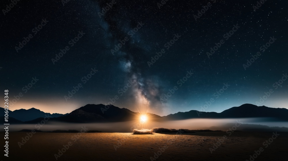 Fototapeta premium Landscape at night with bright starry sky and Milky Way visible above mountains, illuminated by a warm glowing light source on the horizon.