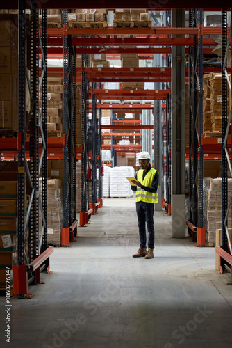 Warehouse worker using digital tablet checking inventory in logistics center