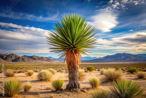 A tall yucca plant with long, sharp leaves stands alone in a desert landscape, cactus, desert landscape, spiky plants