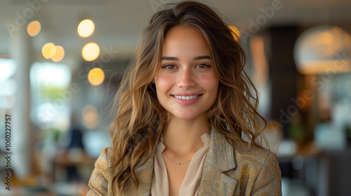 Confident Female Model in Smart Casual Outfit with Navy and Gold Accents