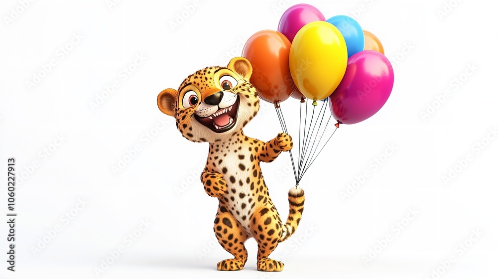 Funny Cartoon Party Cheetah with Air Balloons Isolated on a White Background Funny Cartoon Party Cheetah with Air Balloons Isolated on a White Background