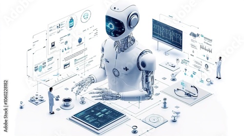 AI system providing medical recommendations to a healthcare professional, set on a clean white background, symbolizing the role of AI in patient care