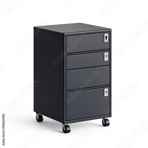 A black mobile filing cabinet with three drawers and a lock, suitable for office organization.