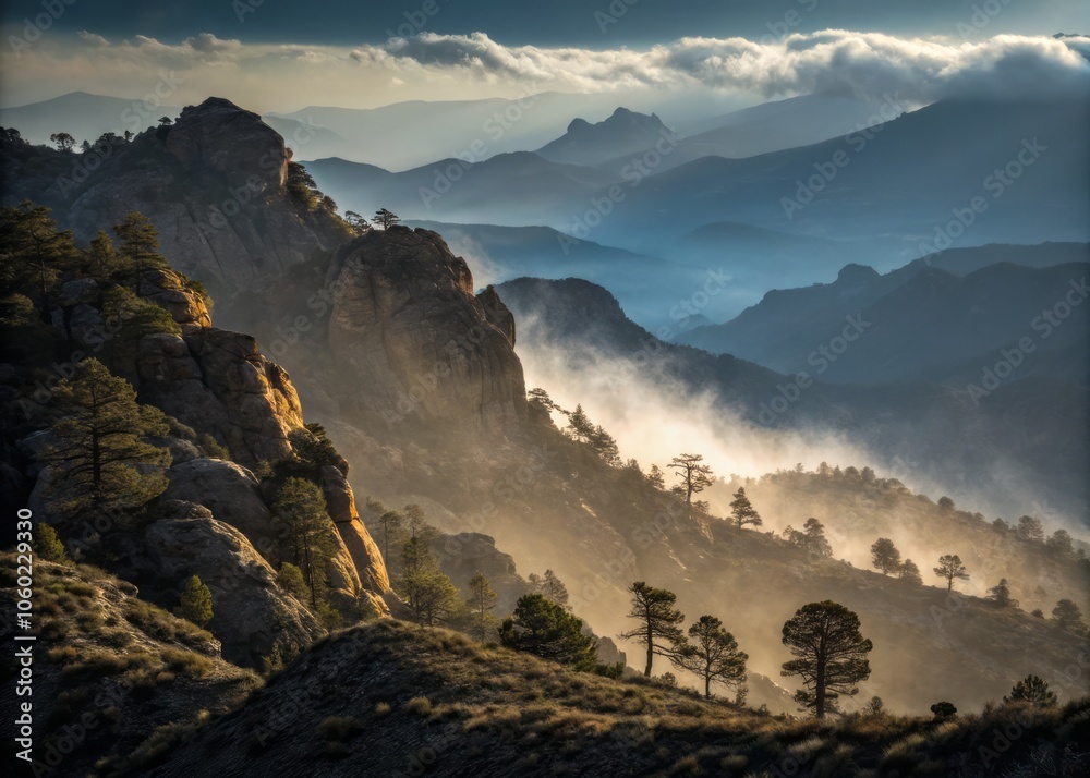 Obraz premium Majestic Mountainous Landscape Under Dramatic High Contrast Lighting in Pre-Desert Environment