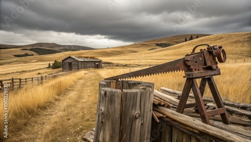 Rustic Vintage Sawbuck Stands Isolated in Weathered Wooden Ranch Yard for Farmhouse Decor Ideas photo