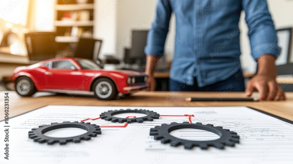Fototapeta premium A designer constructs innovative concepts using gears and scale models to enhance creative ideas in engineering projects