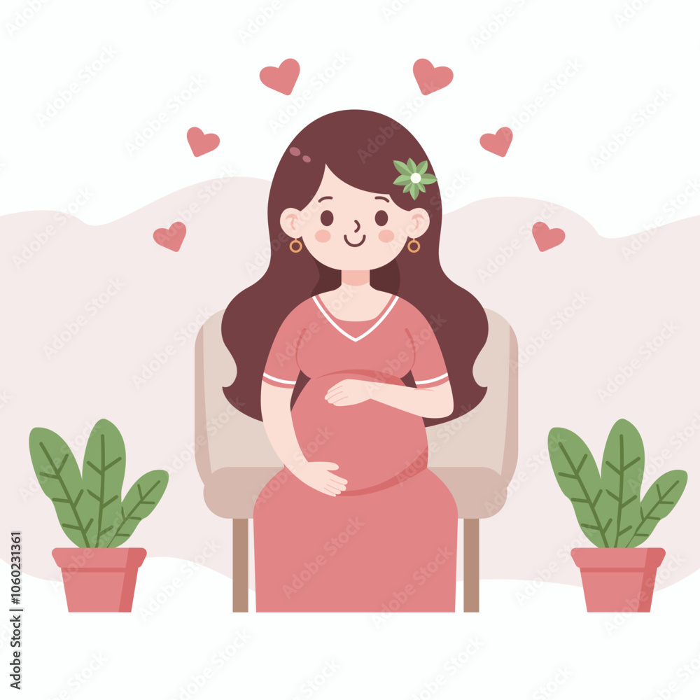 Beautiful young pregnant woman sitting on the chair vector illustration. Concept of pregnancy and motherhood. Flat design on white background. Beautiful young pregnant woman sitting on the chair vector illustration. Concept of pregnancy and motherhood. Flat design on white background.