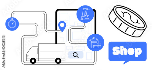 Delivery truck on a map with GPS, stopwatch, coins, store icon, and industrial buildings Ideal for logistics e-commerce supply chain online shopping and delivery system themes Simple modern style