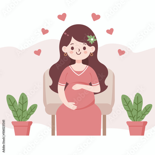 Beautiful young pregnant woman sitting on the chair vector illustration. Concept of pregnancy and motherhood. Flat design on white background.