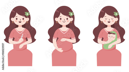 Stages of pregnancy - conception of a child, a pregnant woman sitting position, pregnancy and newborn. Healthy happy pregnancy and motherhood. Vector flat illustration.