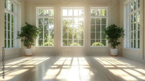 Bright and airy sunlit room with large windows and greenery in the garden view during the morning hours