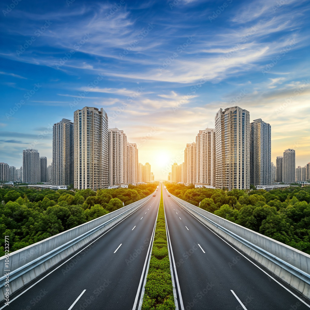 Obraz premium highway towards city at night. road to city high rise building. expressway towards city skyline.