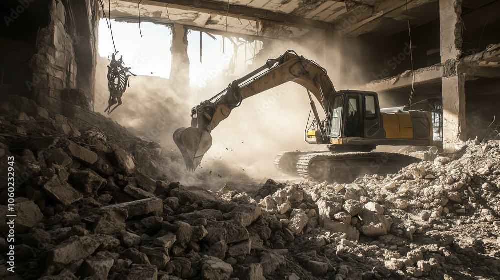 Fototapeta premium Excavator demolishing a building amidst dust and debris in an urban area during daylight hours