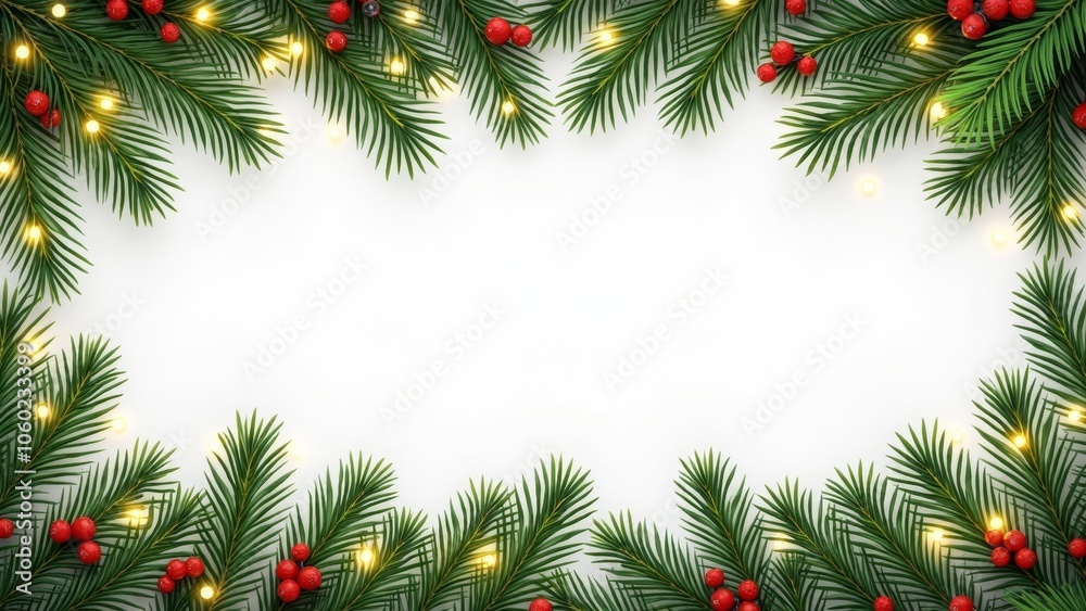 Festive Holiday Foliage With Pine Branches, Red Berries, and Warm Lights Creating a Cheerful Border in a Bright Setting Festive Holiday Foliage With Pine Branches, Red Berries, and Warm Lights Creating a Cheerful Border in a Bright Setting