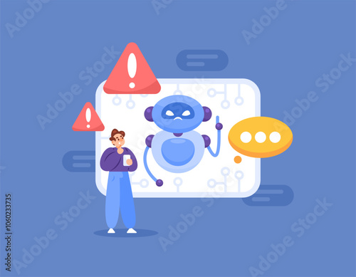 concept of risk of artificial intelligence or AI technology. danger warning and caution. crime with chat bots and artificial intelligence. illustration of user and evil ai robot. flat style design