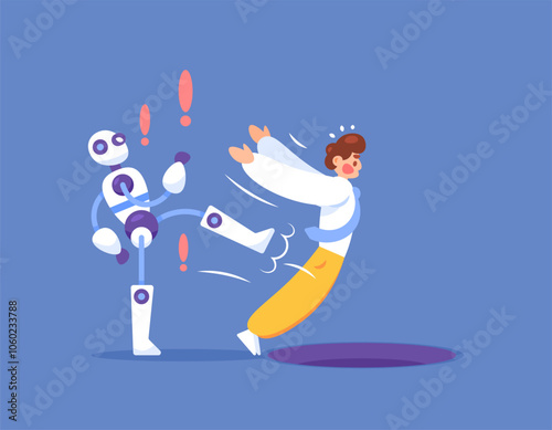 illustration of a robot kicking a human worker into a hole. employee fired and kicked by robot. concept of job or position replaced by robot. competing with artificial intelligence or ai. flat style 