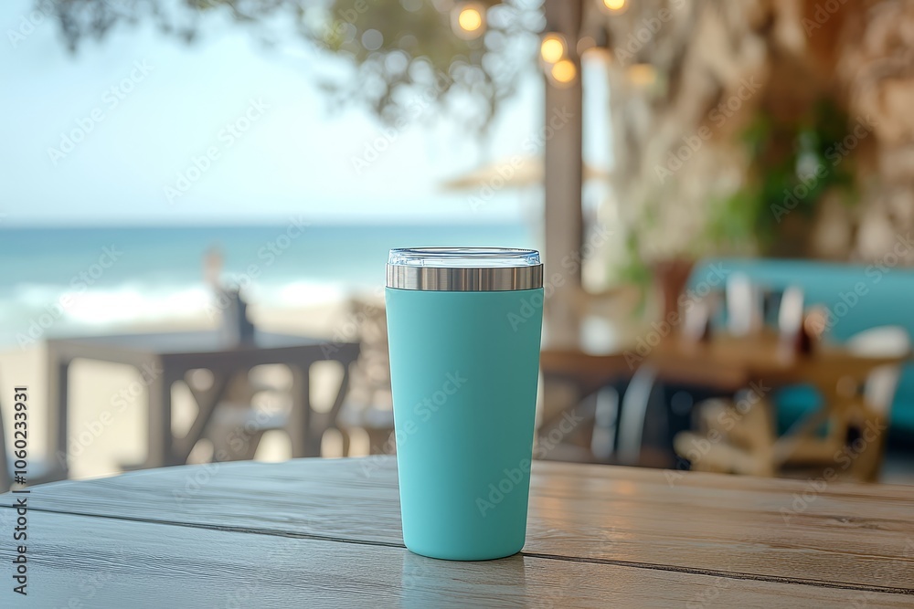 Blue Tumbler on Wooden Table with Beach View